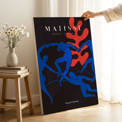 Matisse Art Prints -  Dance Blue Figures Poster showcasing vibrant blue figures and bold red shape on black background.