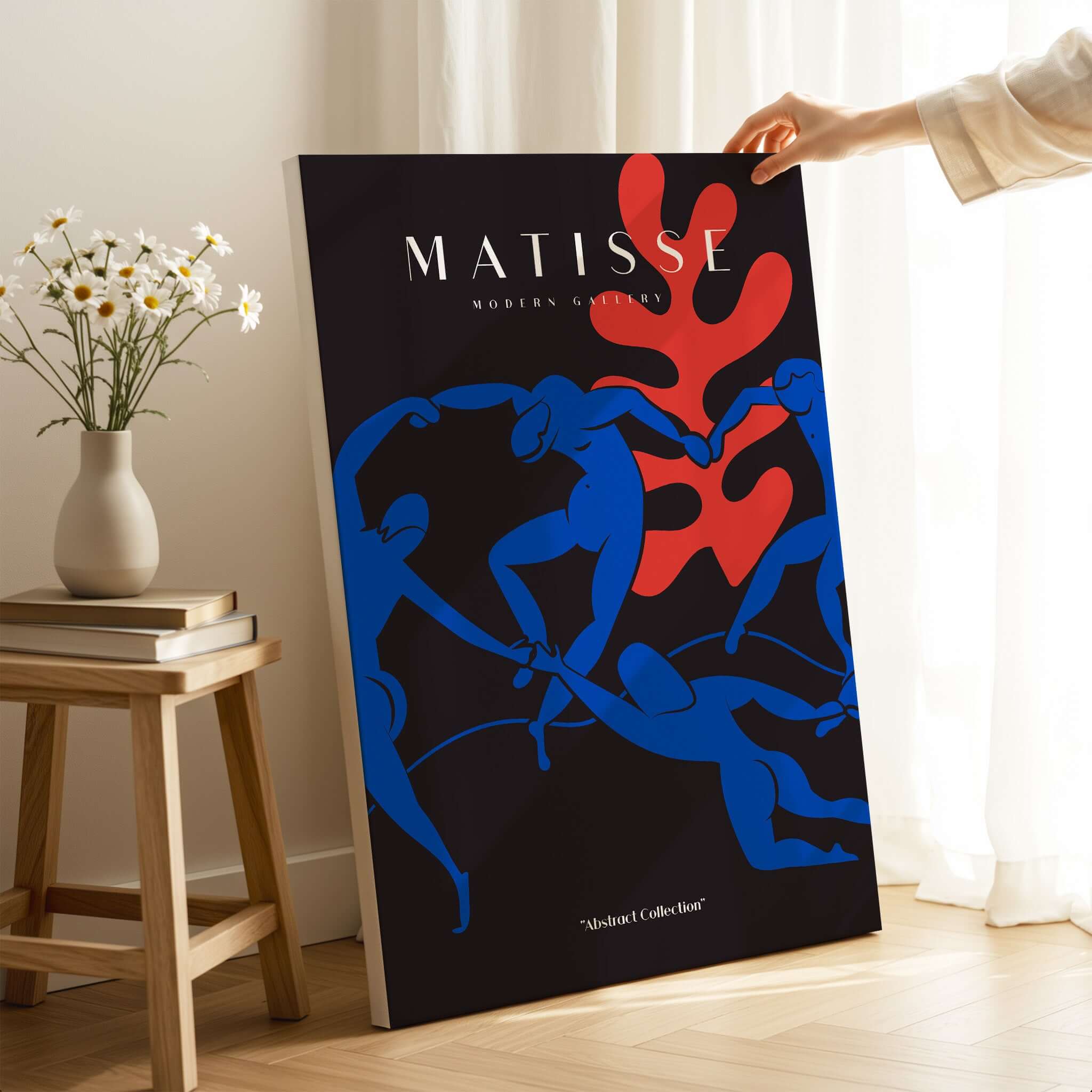 Matisse Art Prints -  Dance Blue Figures Poster showcasing vibrant blue figures and bold red shape on black background.