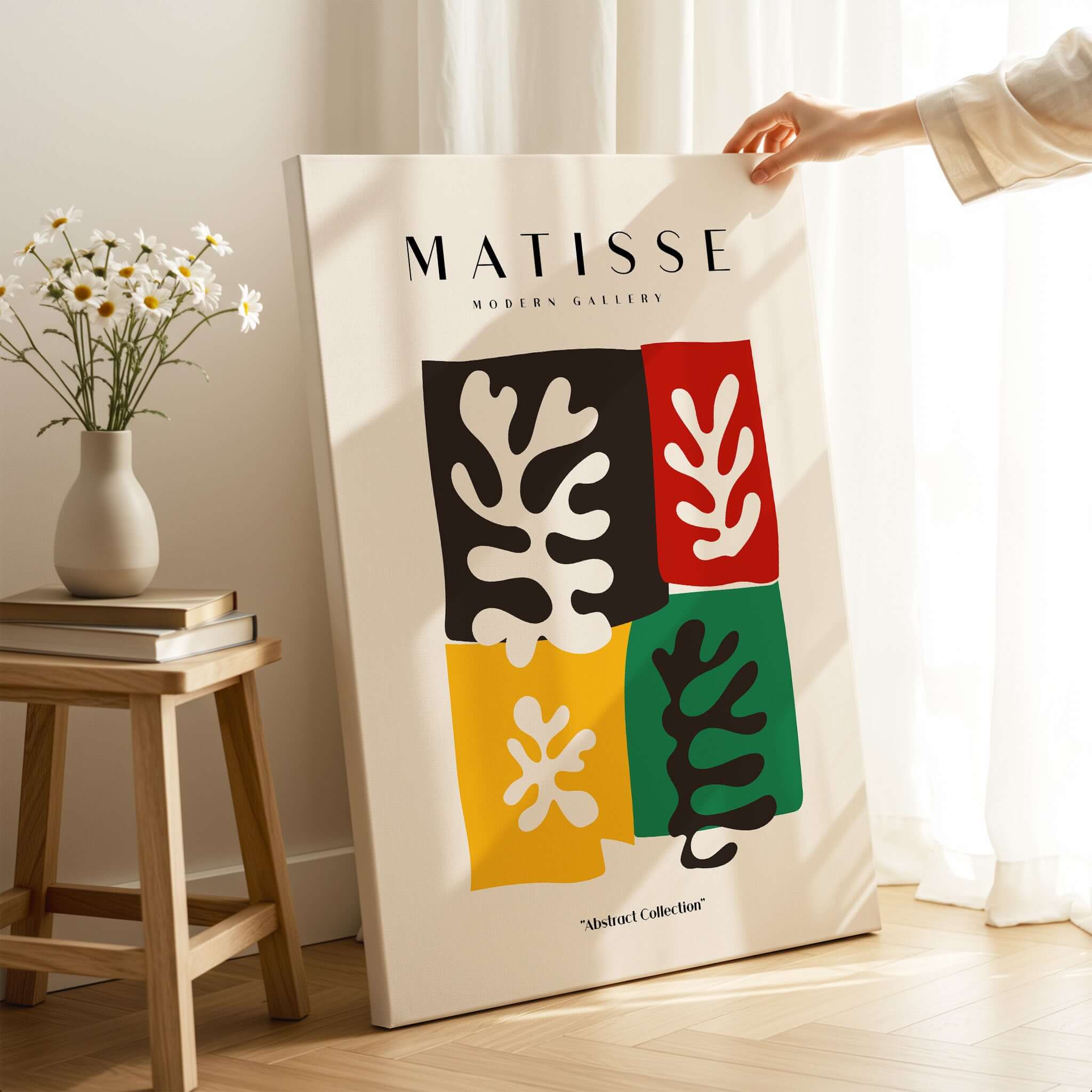 Matisse Art Prints - Four Blocks Abstract Leaves Color Poster displayed on a wooden table with flowers