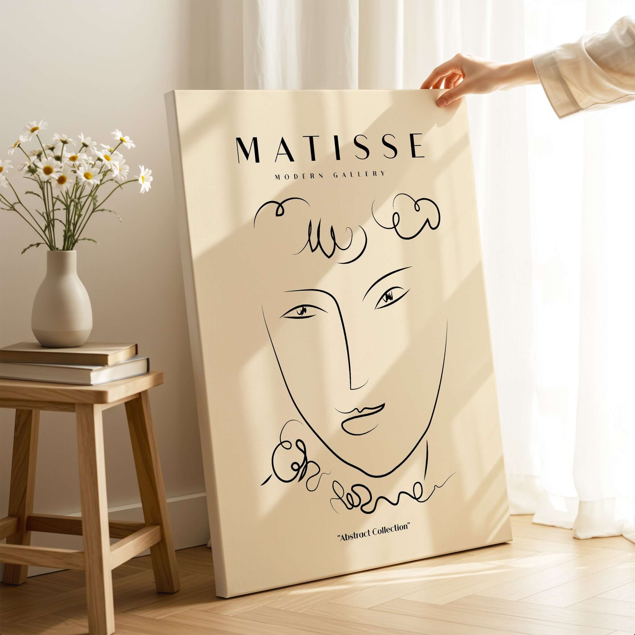 Matisse Art Prints -  Line Art Face Curly Hair Minimalist Poster displayed in a bright room with natural light.