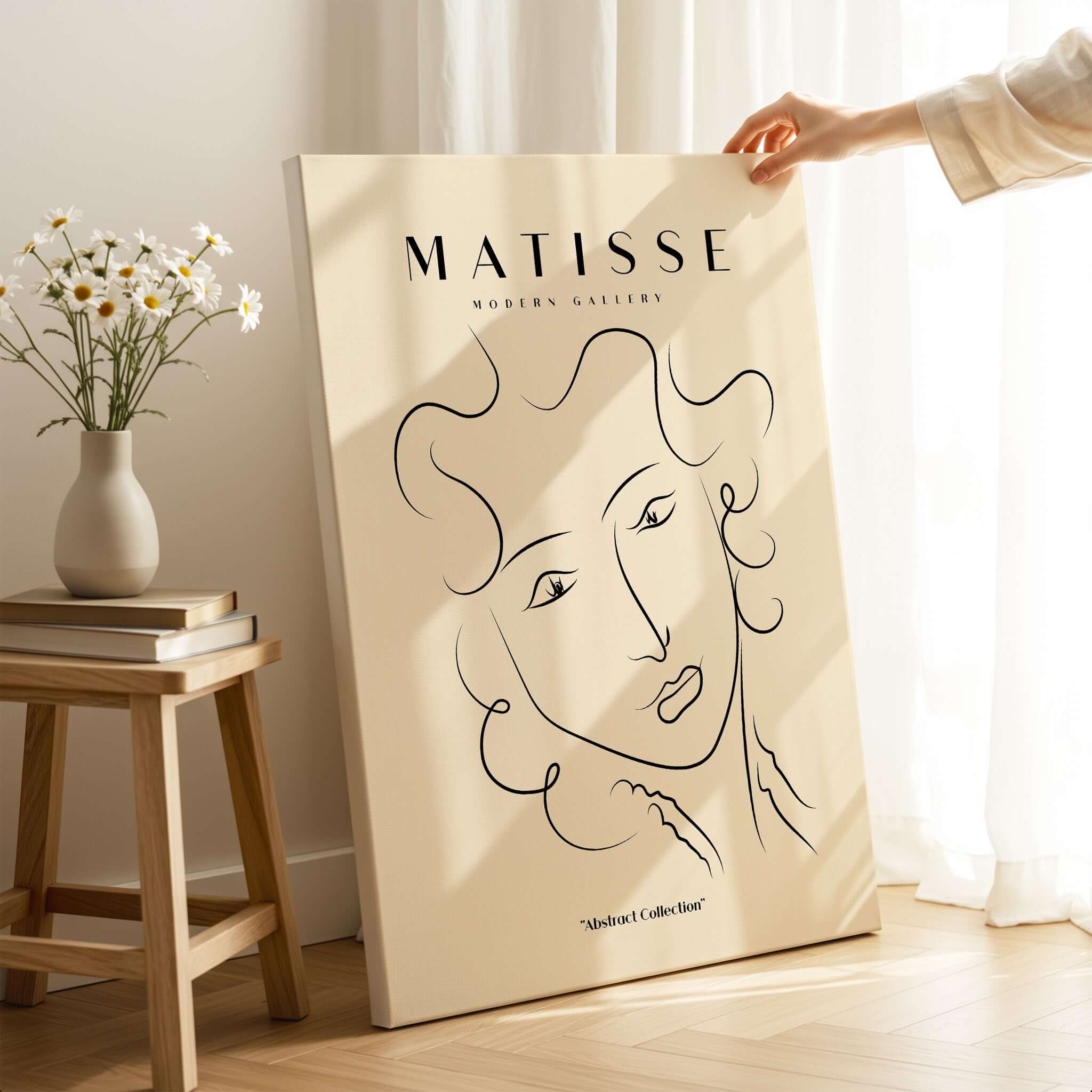 Matisse Art Prints -  Line Art Ladies Face with Wavy Hair Minimalist Poster displayed in modern gallery setting.
