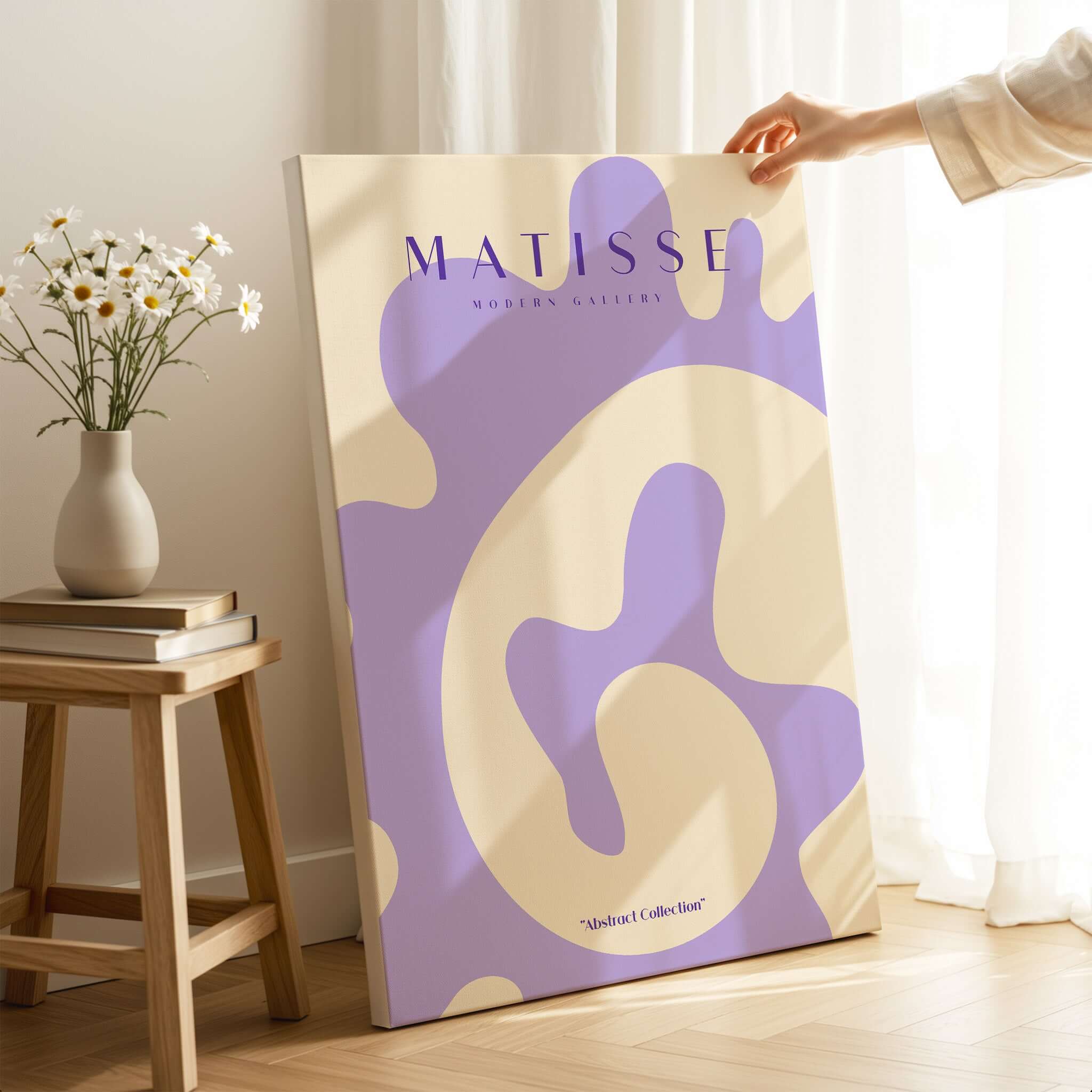 Matisse Art Prints -   Lavender Abstract Fluid Organic Shape Poster displayed in a bright room with a modern aesthetic.