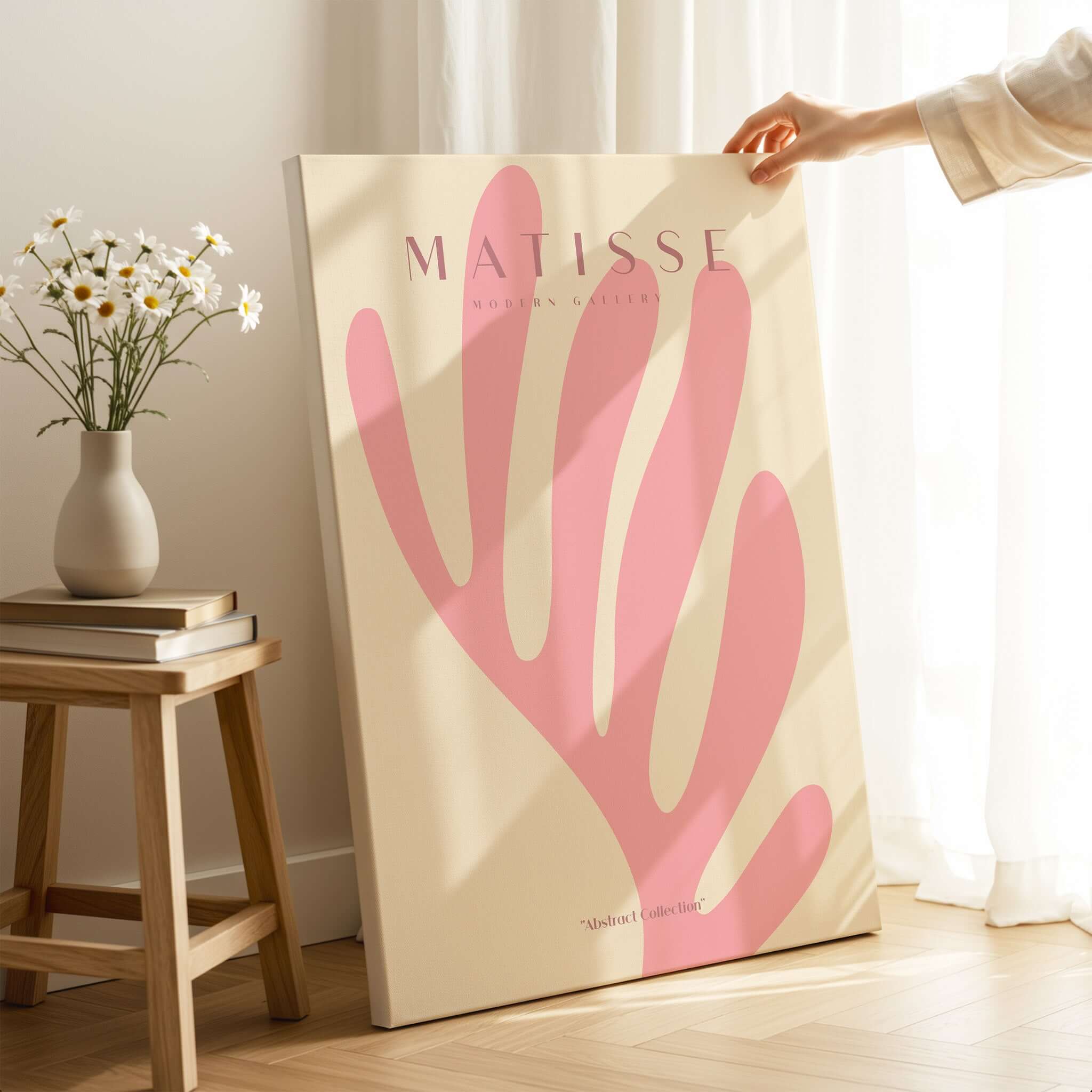 Matisse Art Prints -    Pink Coral Leaf Abstract Botanical Poster displayed in a warm, minimalist interior.