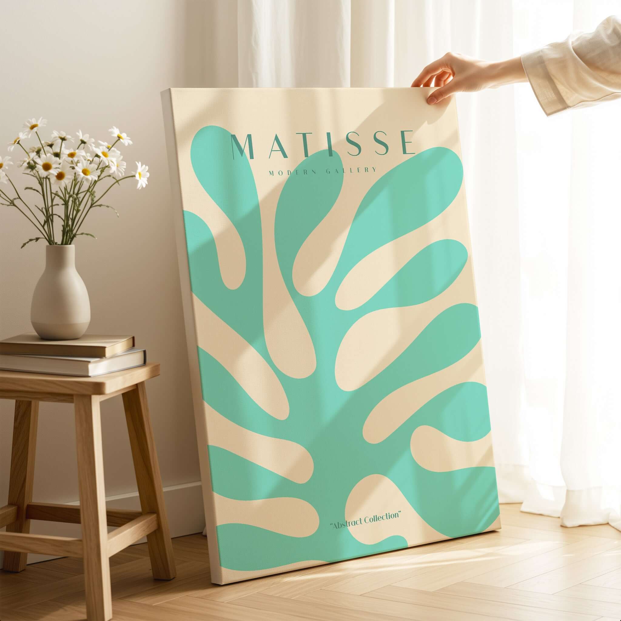 Matisse Art Prints - Mint Green Coral Abstract Seaweed Poster displayed on a wooden table in a light-filled room.