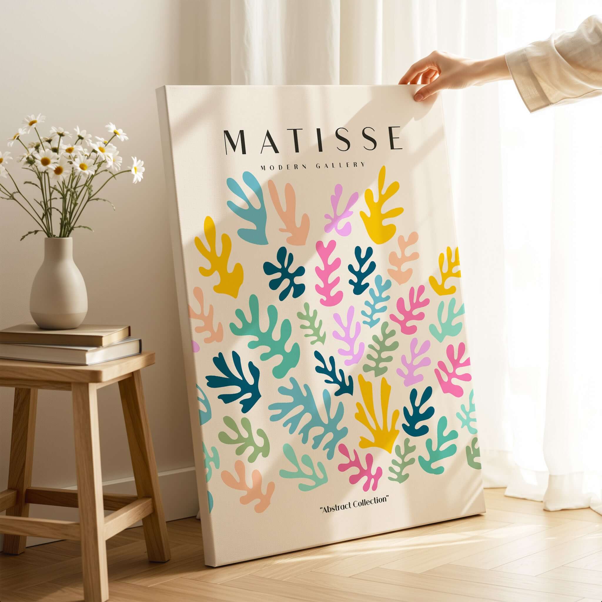 Matisse Art Prints - Colorful Abstract Botanical Scatter Poster featuring vibrant botanical shapes on beige background.