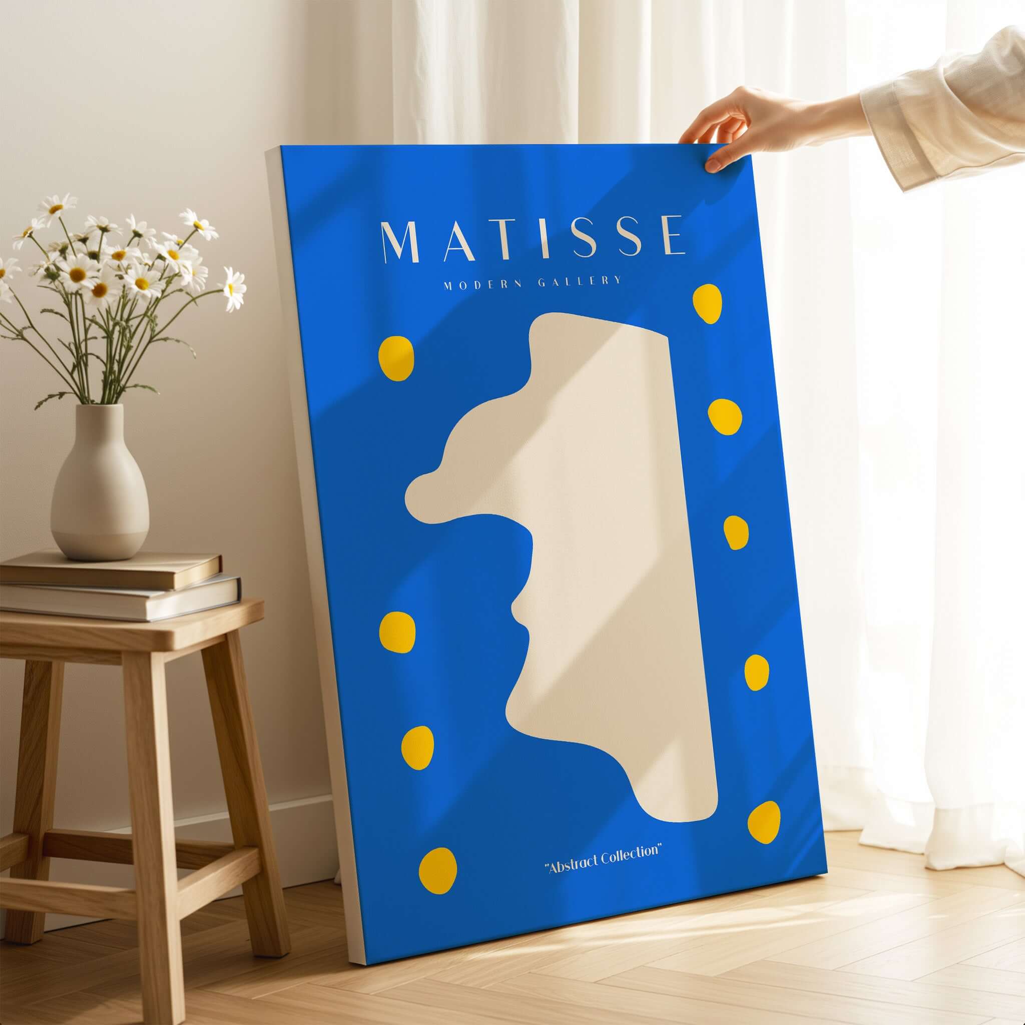 Matisse Art Prints -  Blue Abstract Profile with Yellow Dots Poster displayed in a modern setting.