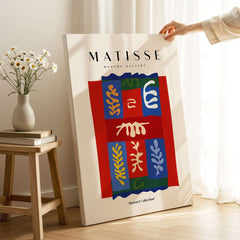 Matisse Art Prints - Patchwork Shapes Composition Poster showcasing vibrant colors and abstract shapes in a modern gallery setting.