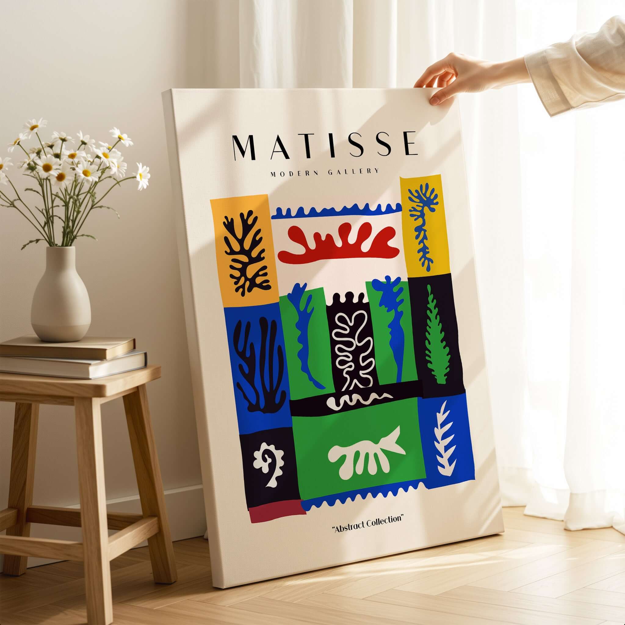 Matisse Art Prints -  Complex Abstract Botanical Patchwork Poster displayed next to flowers in a modern gallery setting.