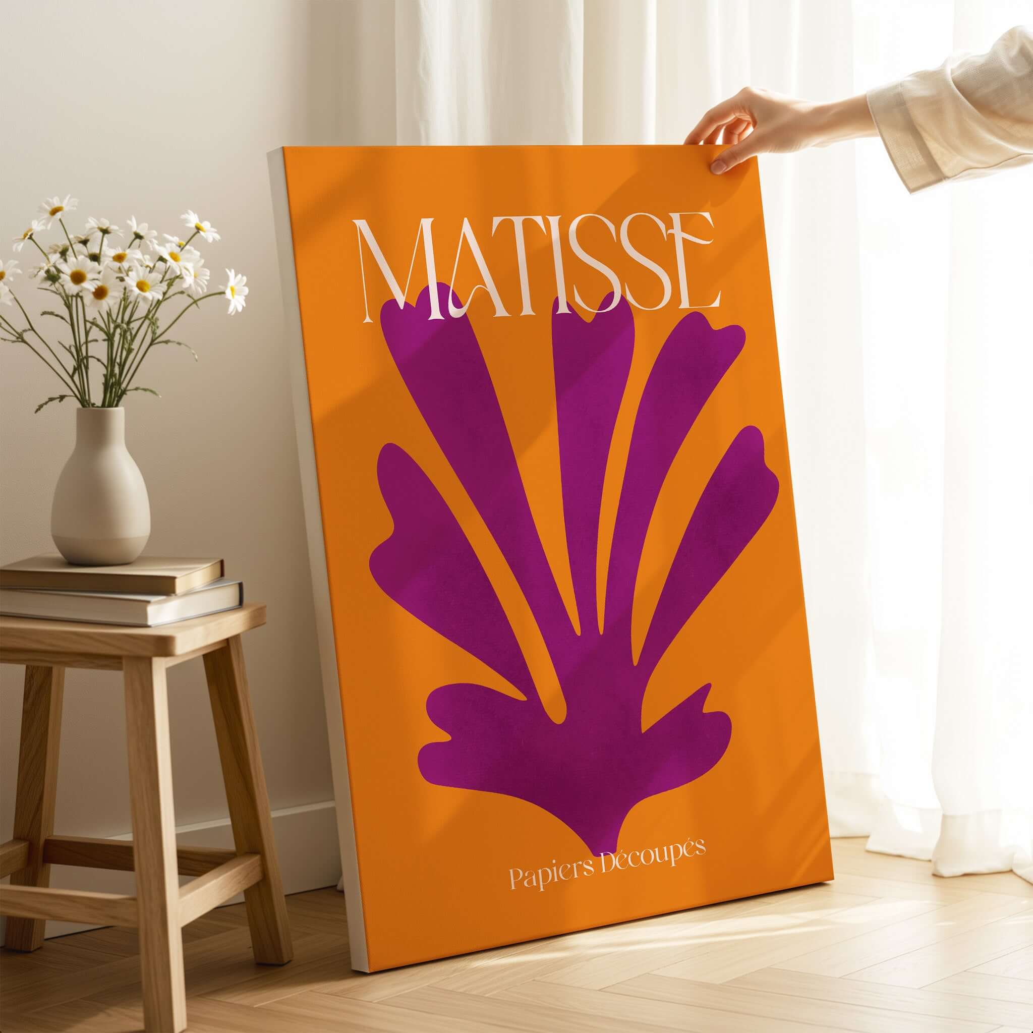 Matisse Papiers Découpés Purple Cut Out on Orange Background Abstract Art Print displayed in modern interior.