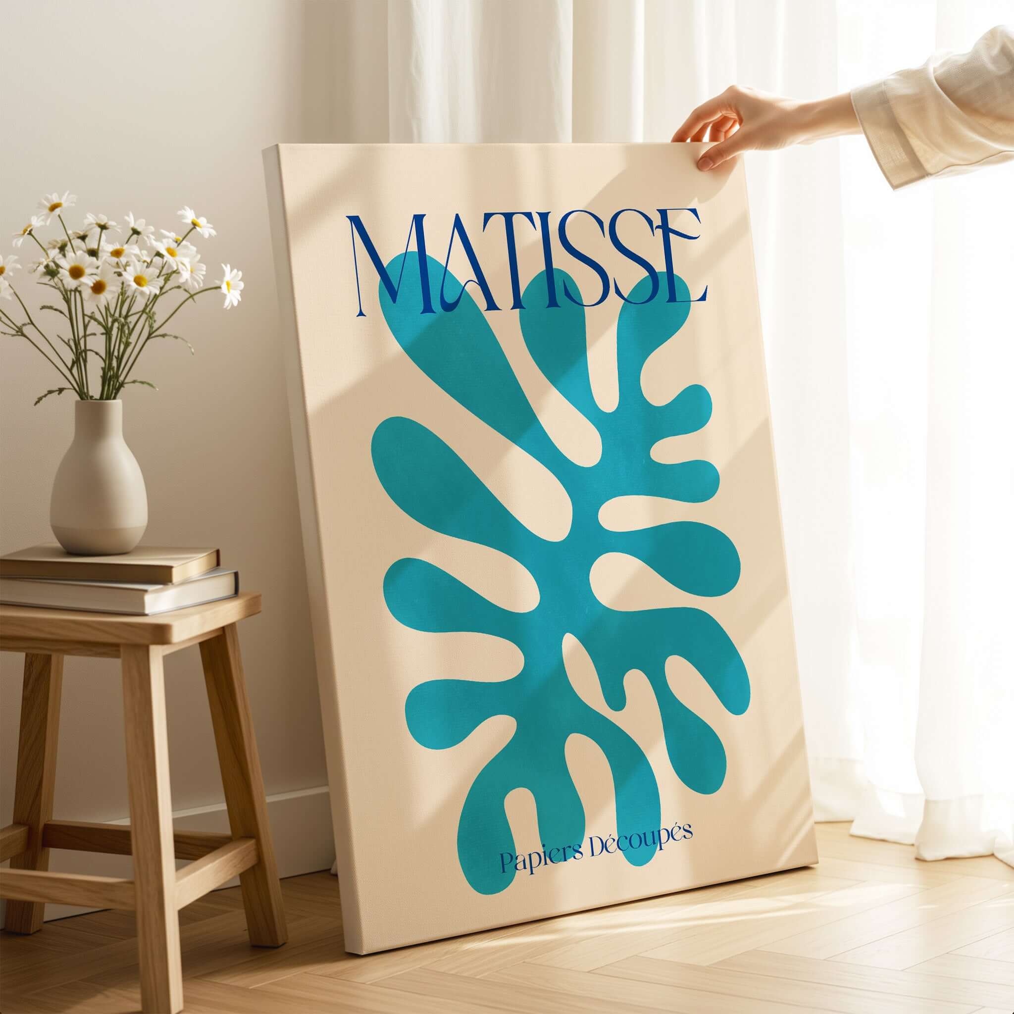 Matisse Cyan Blue Abstract Shape Papiers Découpés Poster showcasing vibrant blue shape against beige background.