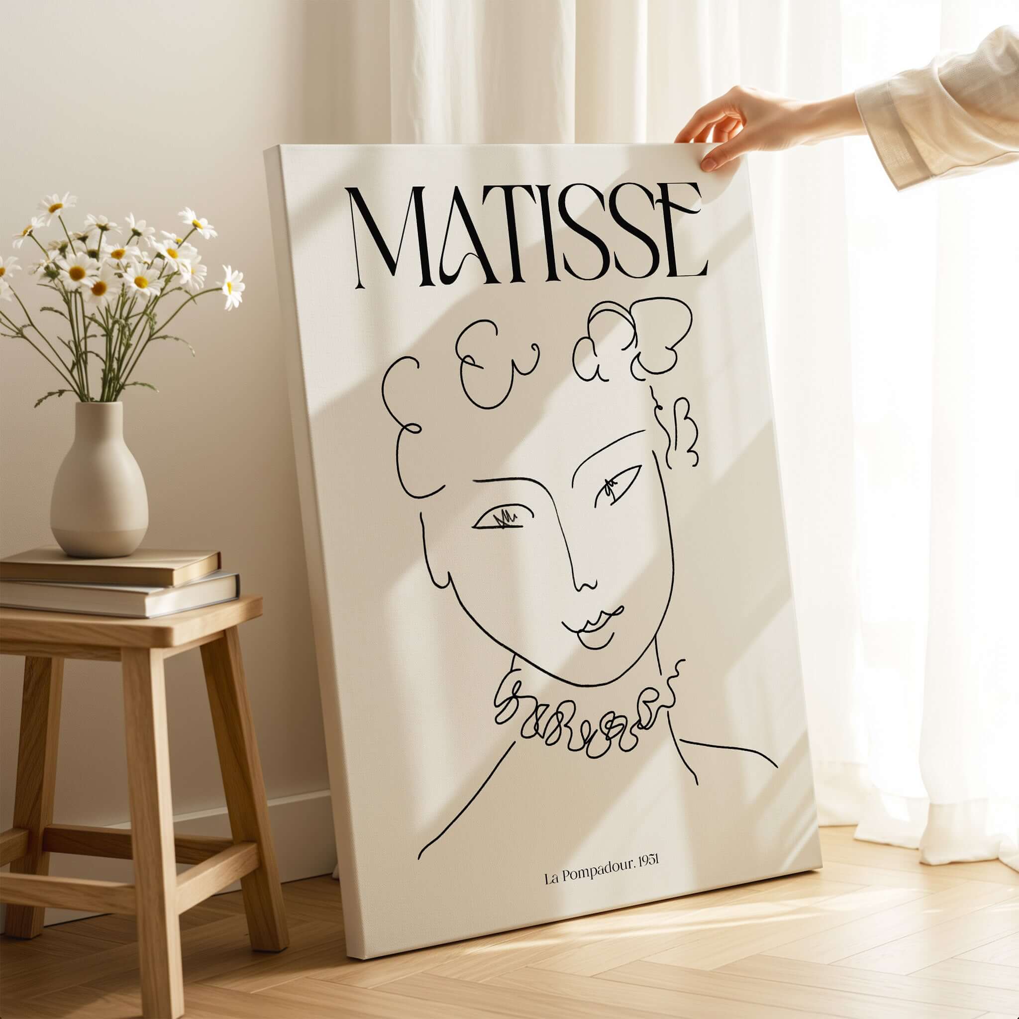 Matisse Art Print La Pompadour 1951 Minimalist Line Drawing Poster displayed in a chic interior setting.