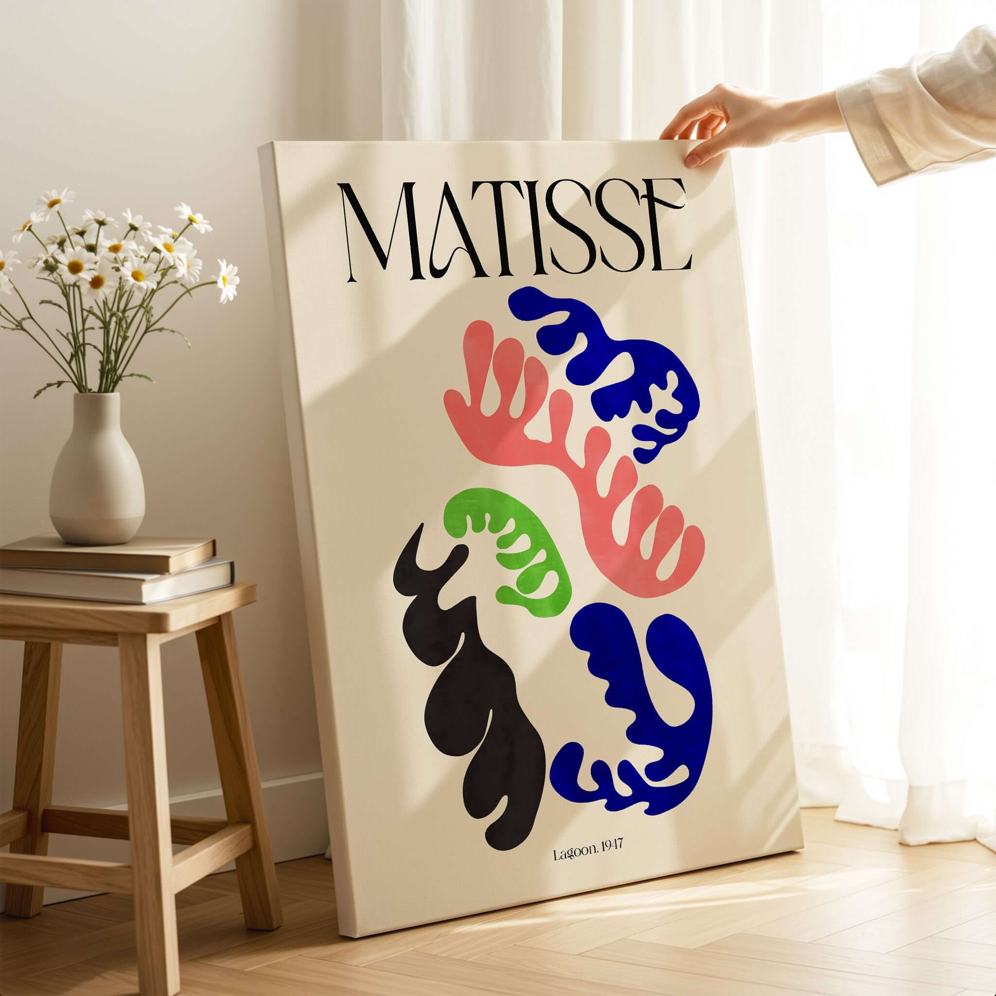 Matisse Art Print Lagoon 1947 Abstract Organic Shapes Wall Art Print displayed in a bright room with flowers.