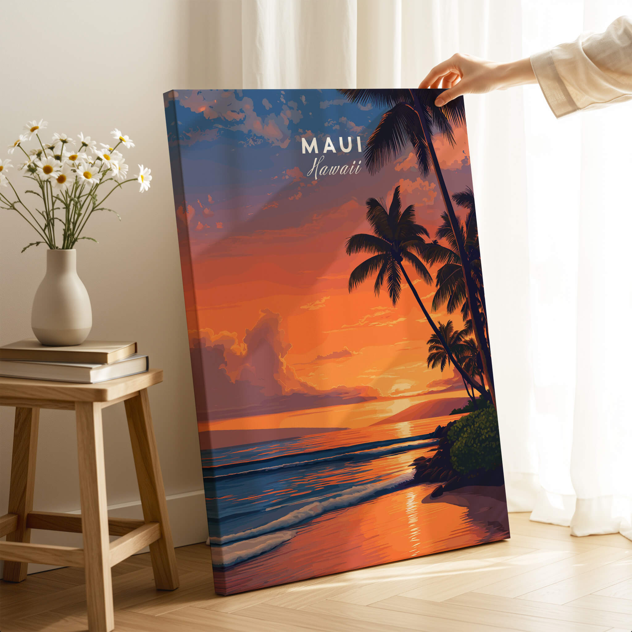 Maui Hawaii Wall Art Print | Tropical Beach Sunset Travel Poster showcasing a vibrant sunset over palm trees and calm waters.
