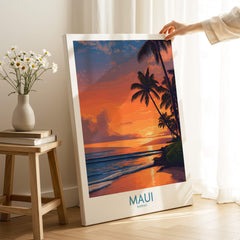 Maui Hawaii Poster | Vibrant Island Coastline Scene Canvas Print showcasing a sunset with palm trees and ocean waves.