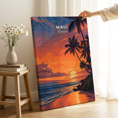 Maui Hawaii Travel Poster | Golden Hour Ocean Sunset Wall Art Print featuring vibrant sunset colors and palm trees.