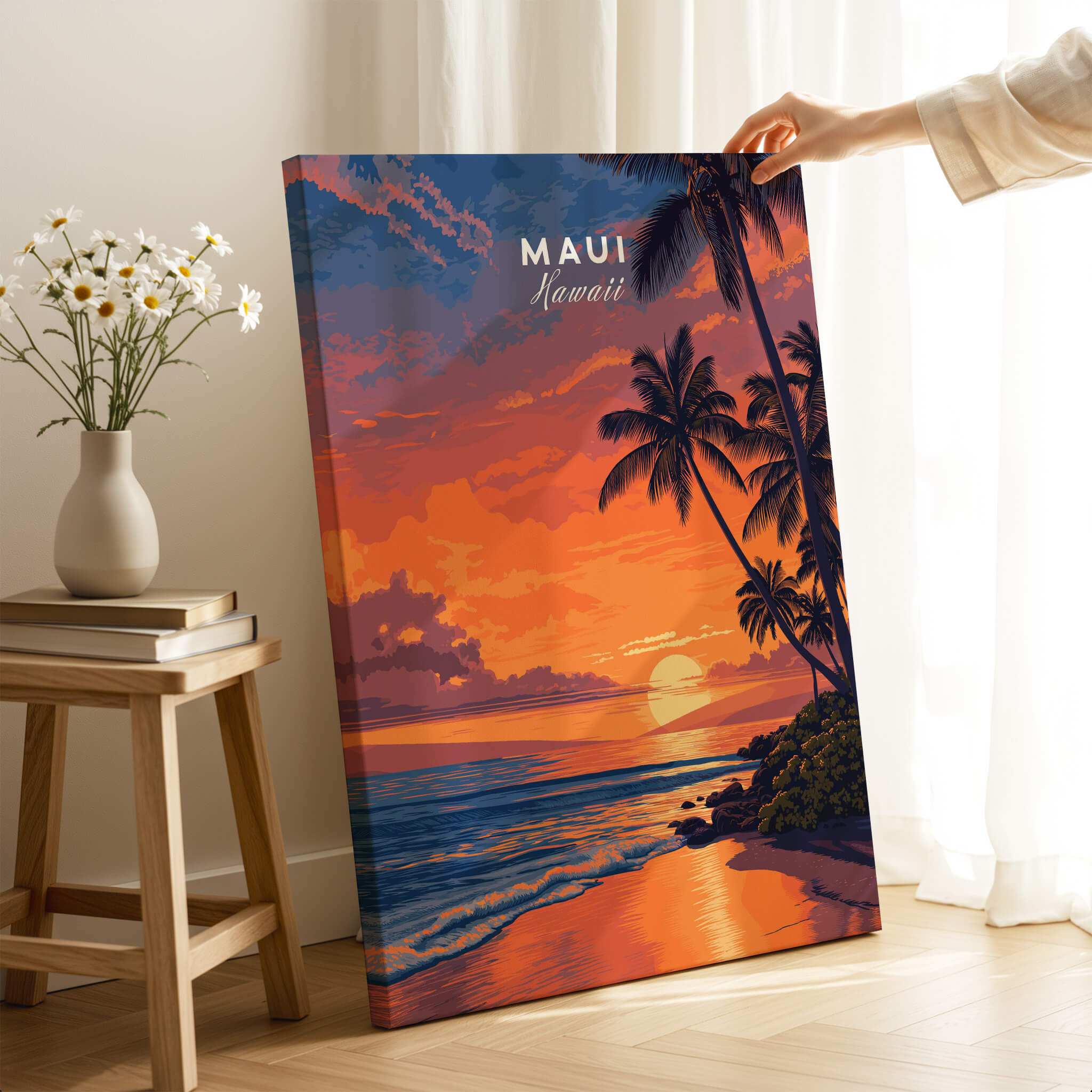 Maui Hawaii Travel Poster | Golden Hour Ocean Sunset Wall Art Print featuring vibrant sunset colors and palm trees.