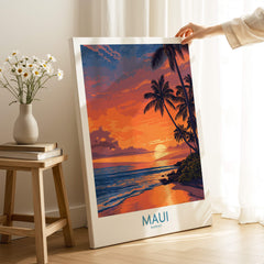 Maui Hawaii Canvas Print | Serene Tropical Beach Landscape Poster displayed on a stand with a beautiful sunset.