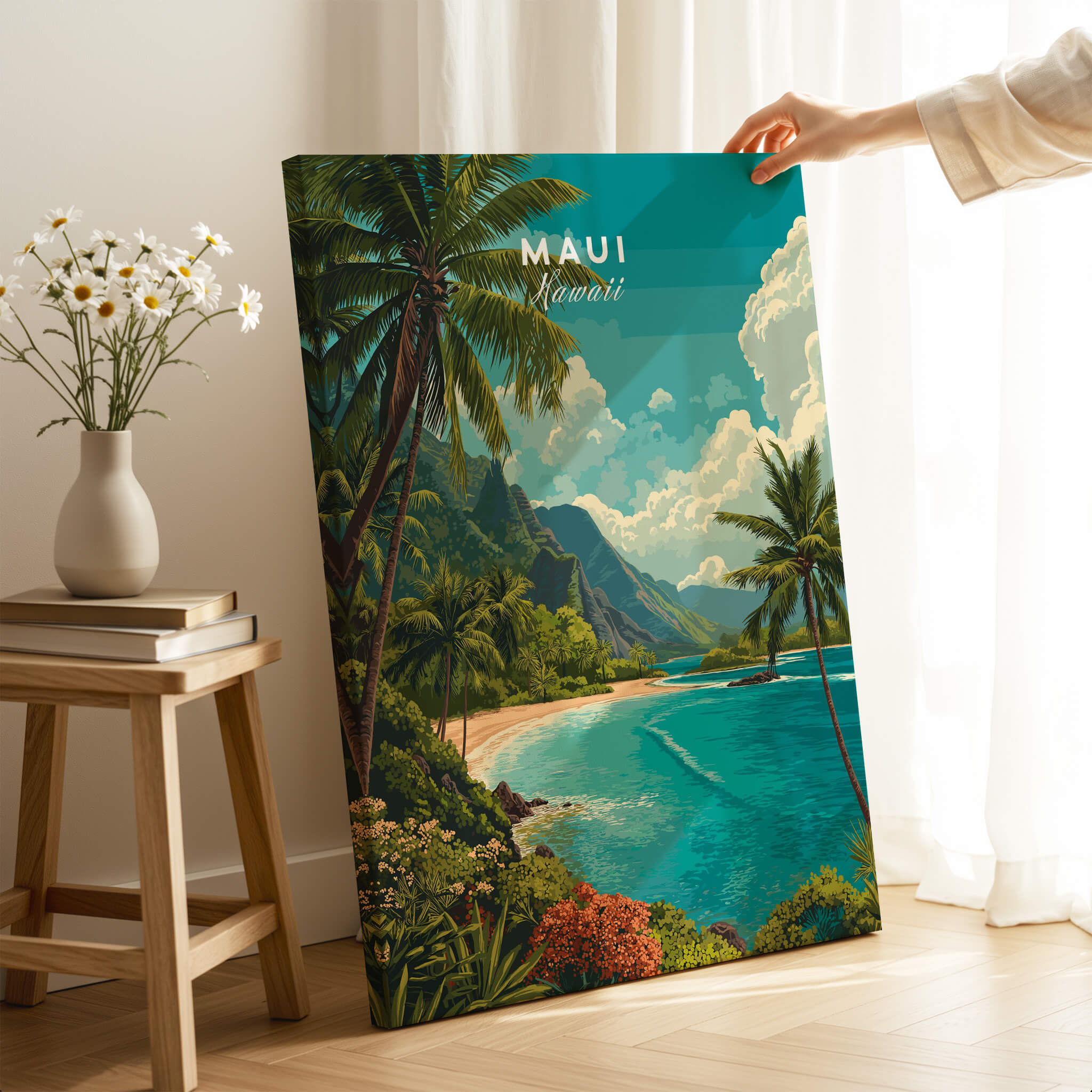Maui Hawaii Wall Art Print | Lush Tropical Mountain Coast Travel Poster displayed in a bright room.