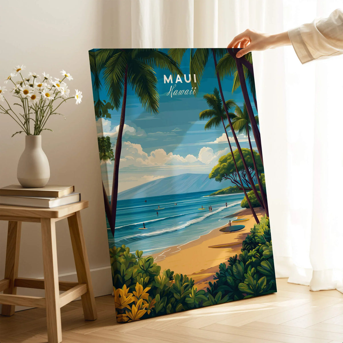 Maui Hawaii Travel Poster | Sunny Surfing Beach Wall Art Print featuring a vibrant beach scene with surfers and palm trees.