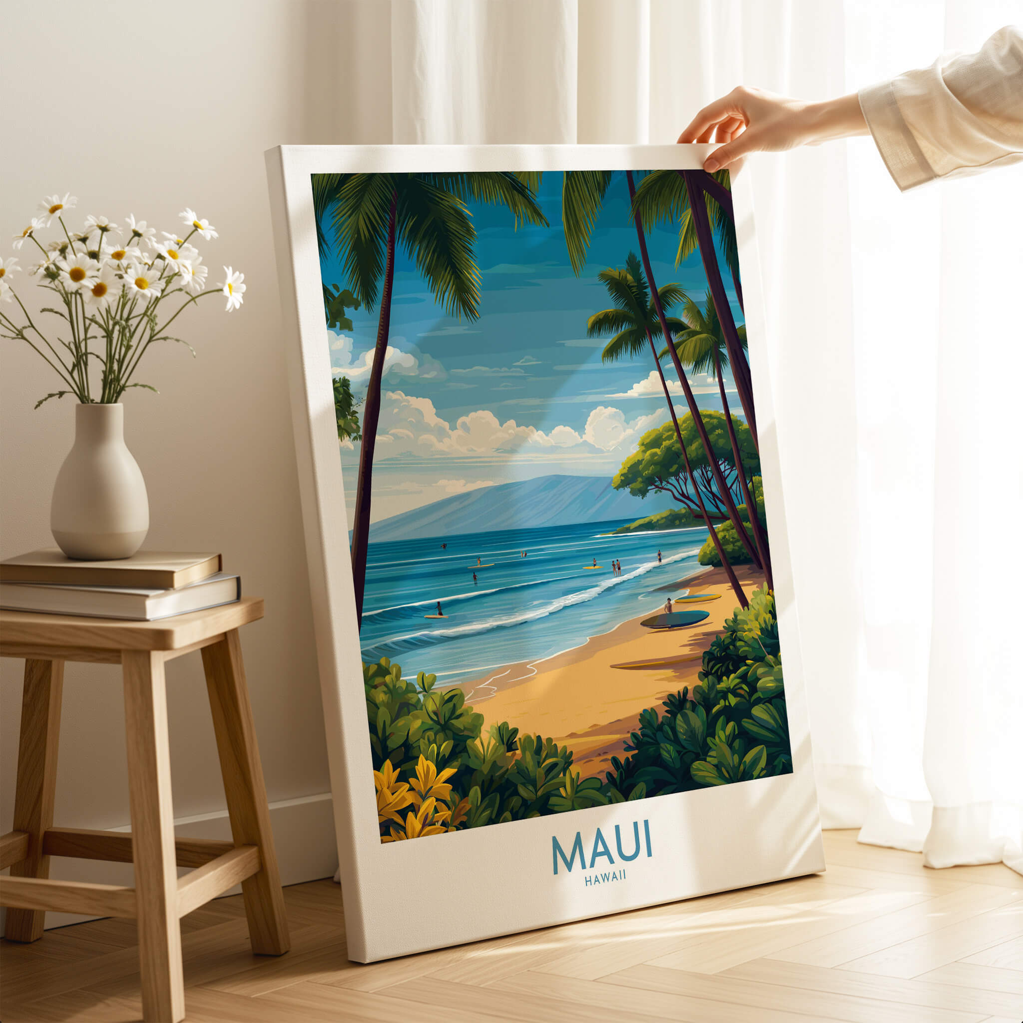 Maui Canvas Print | Hawaii Tropical Palm Trees & Waves Poster displayed in a bright room with tropical scenery.