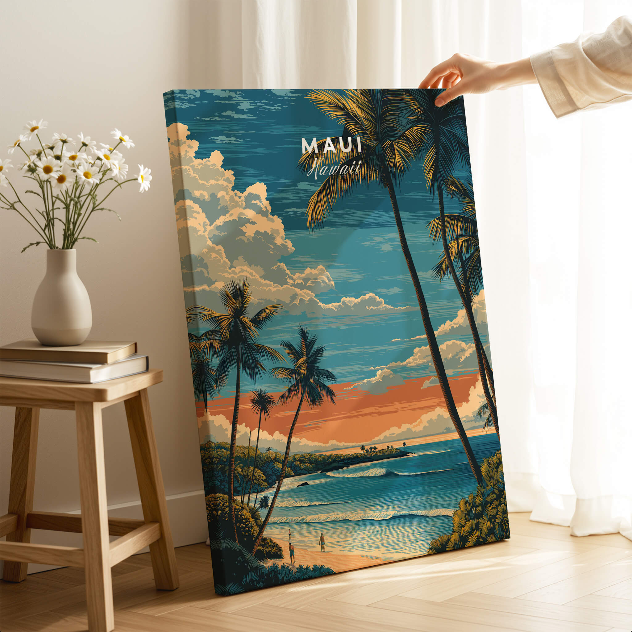 Maui Wall Art Print | Hawaii Evening Coastal Landscape Travel Poster featuring vibrant colors and palm trees.