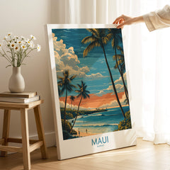 Maui Hawaii Poster | Tropical Twilight Shoreline Canvas Print displayed in a bright room with wooden furniture.