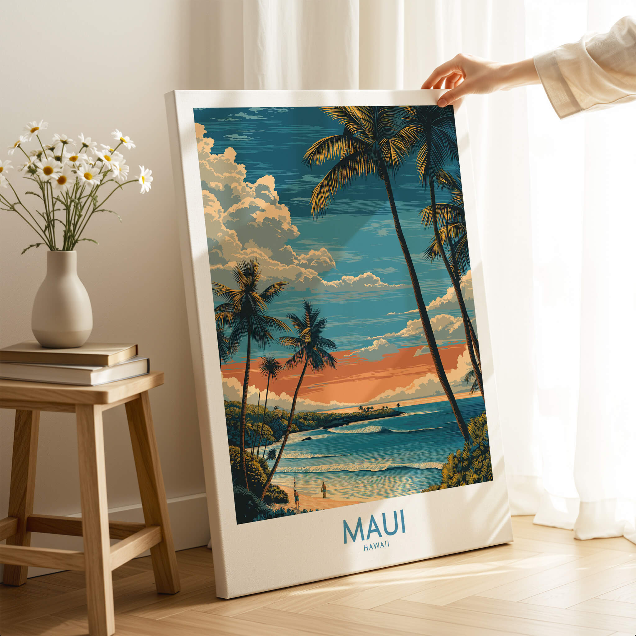 Maui Hawaii Poster | Tropical Twilight Shoreline Canvas Print displayed in a bright room with wooden furniture.
