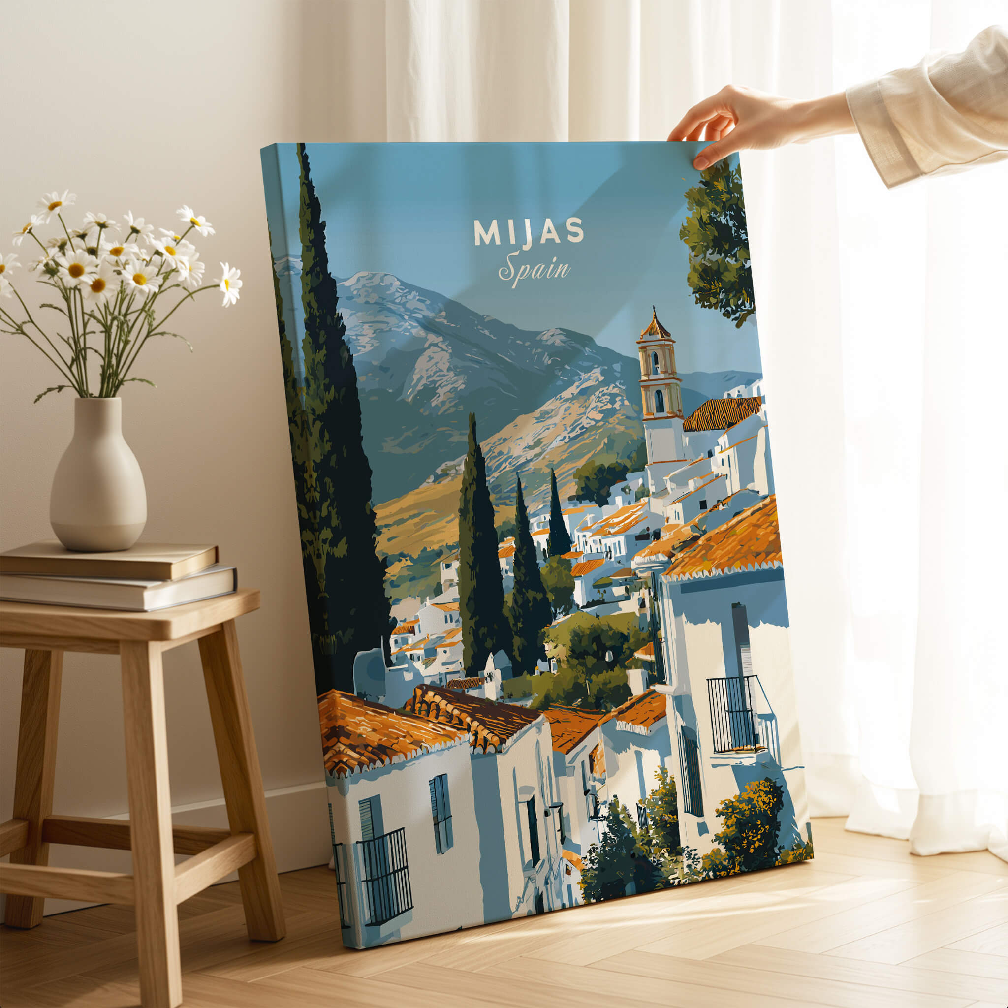 Mijas Spain Wall Art Print | Andalusian White Village Travel Poster showcasing whitewashed buildings and terracotta rooftops.