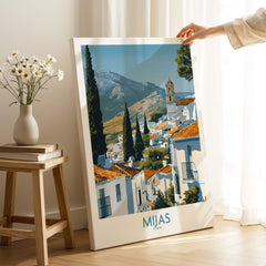 Mijas Spain Poster | Scenic Mountain Town Landscape Canvas Print featuring whitewashed buildings and lush mountains.