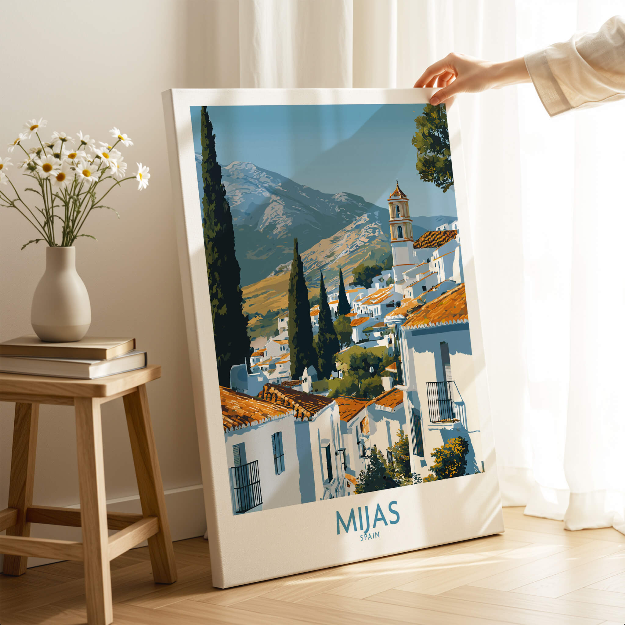 Mijas Spain Poster | Scenic Mountain Town Landscape Canvas Print featuring whitewashed buildings and lush mountains.
