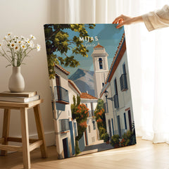 Mijas Spain Travel Poster | Traditional White Street Wall Art Print featuring charming cobblestone streets and white buildings.