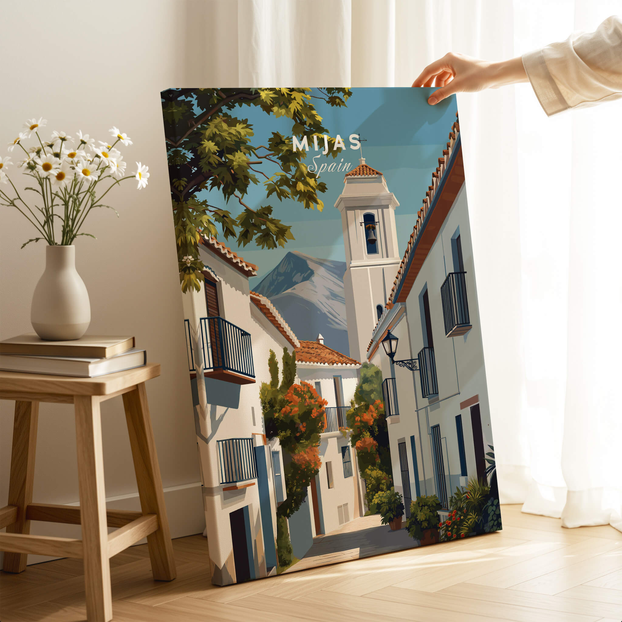 Mijas Spain Travel Poster | Traditional White Street Wall Art Print featuring charming cobblestone streets and white buildings.