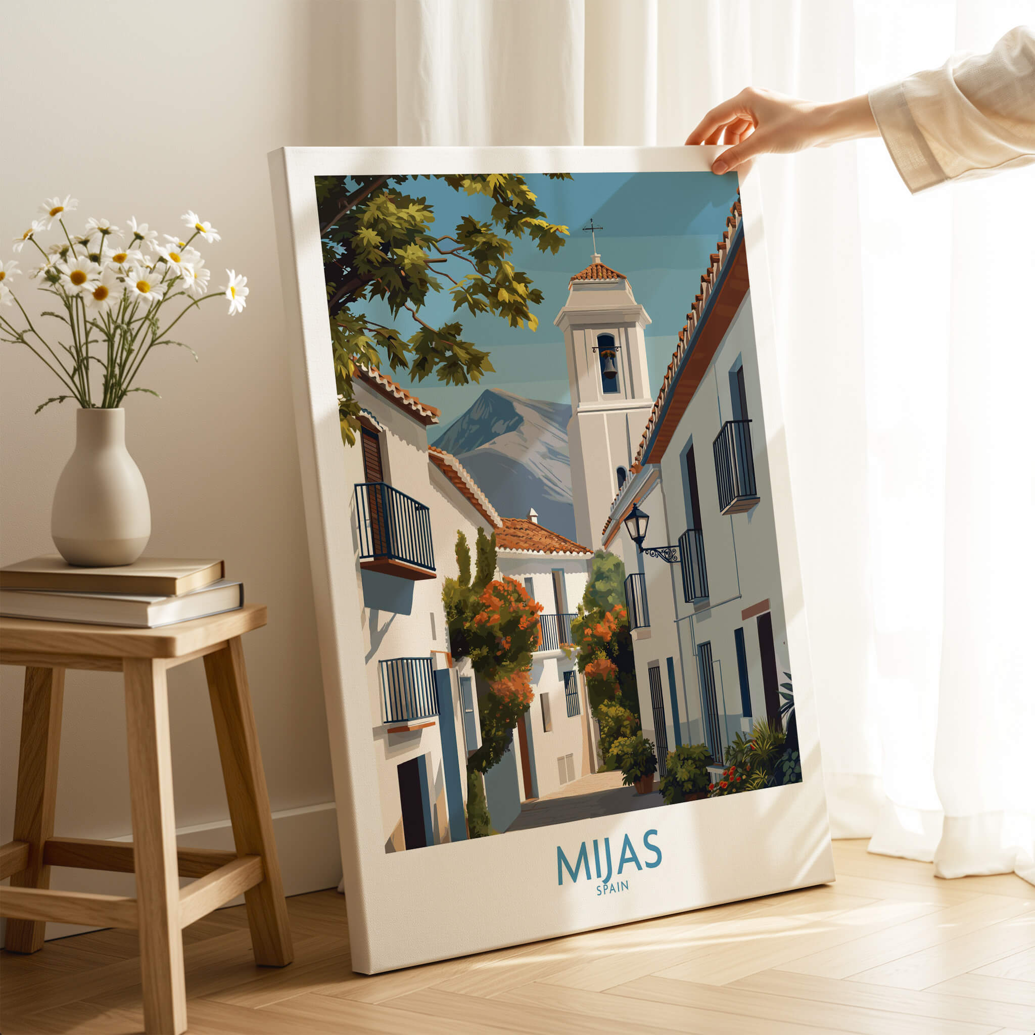 Mijas Spain Canvas Print | Historic Spanish Village Scene Poster showcasing charming streets and whitewashed buildings.