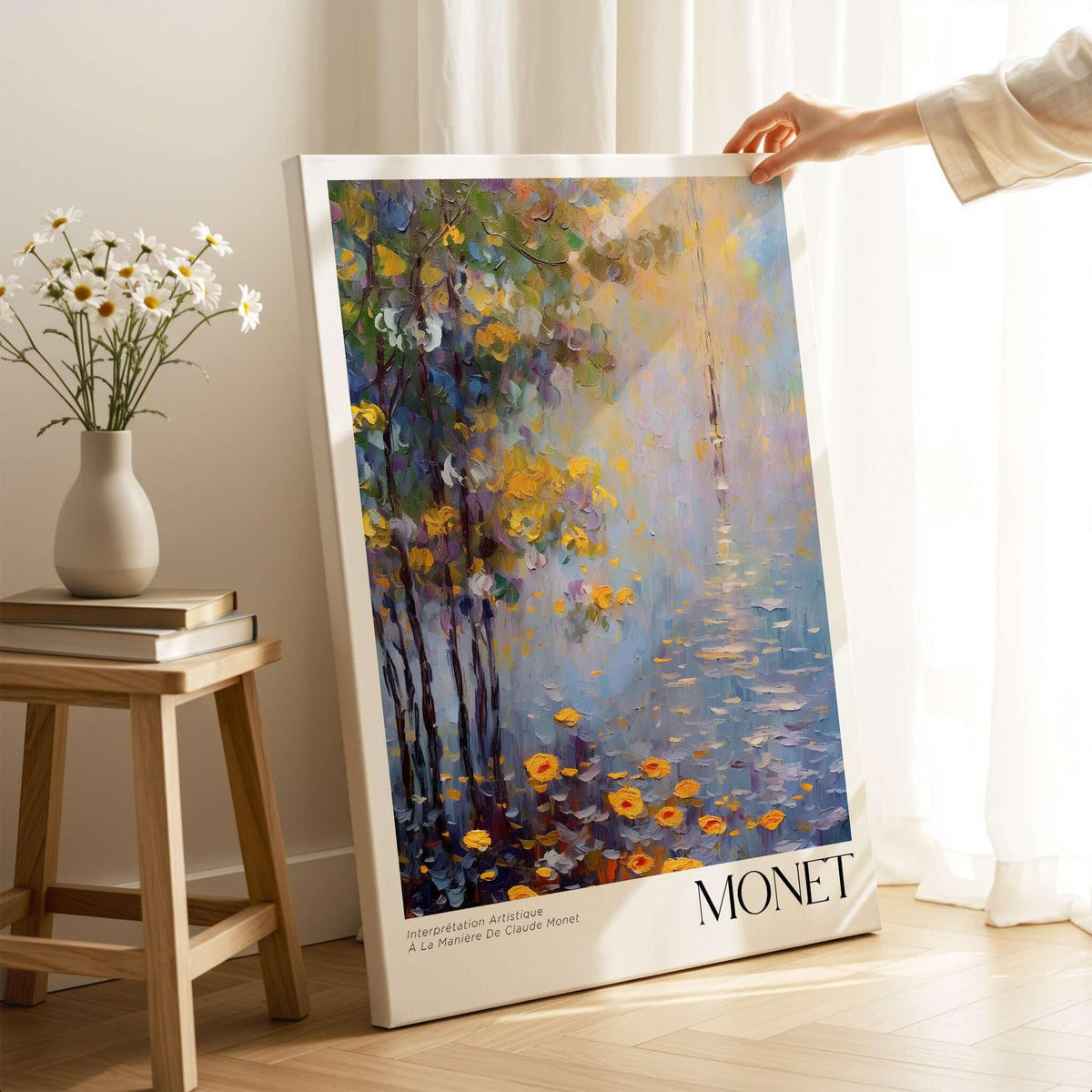 Claude Monet Art Print - Impressionist Wall Art Poster - Monet Framed Print displayed in a cozy room with flowers.