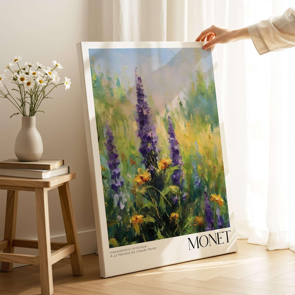 Claude Monet Art Print - Wildflower Meadow Purple Floral Print displayed in a bright room with flowers.