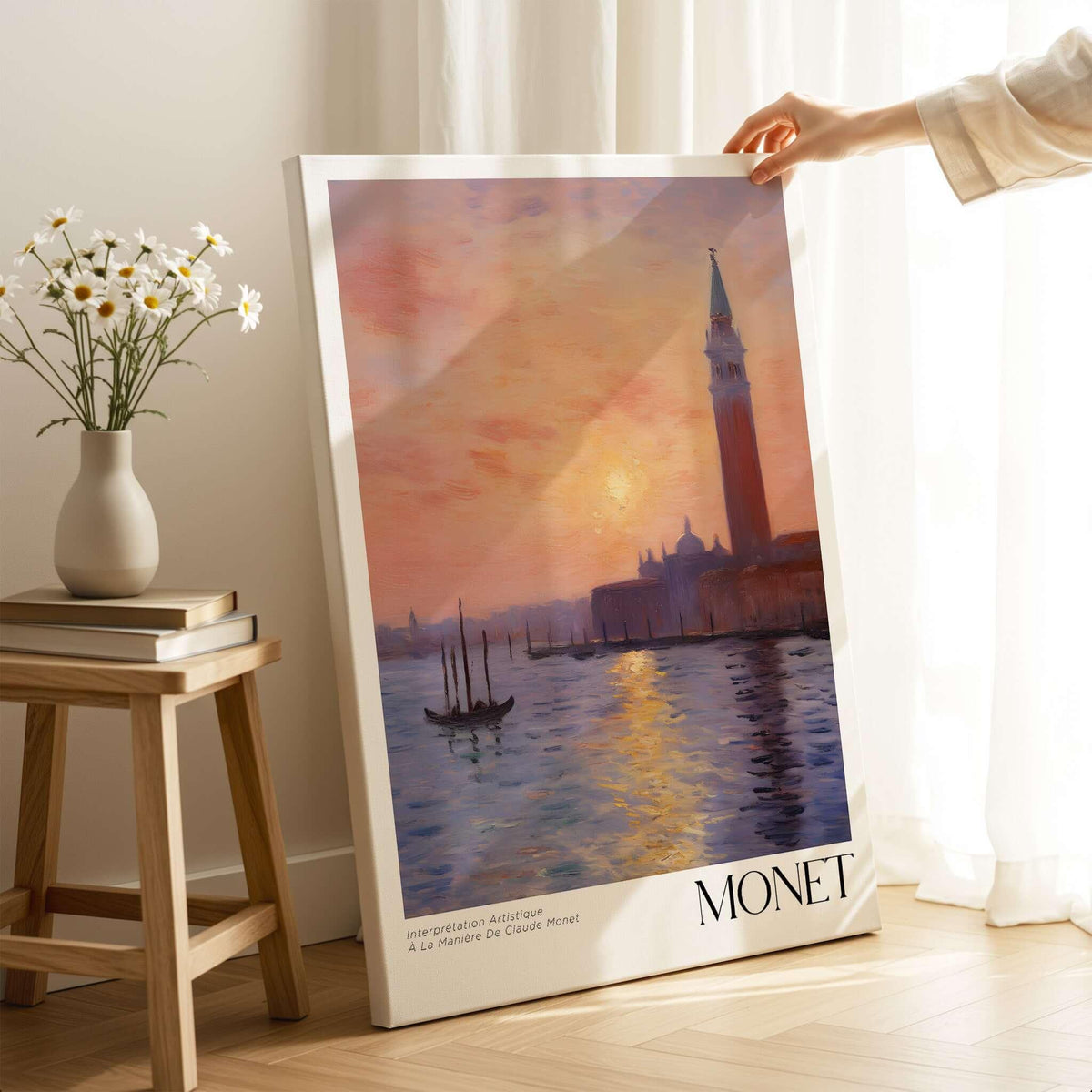 Monet Venice wall art showcasing a vibrant sunset reflection on a canal with iconic architecture.