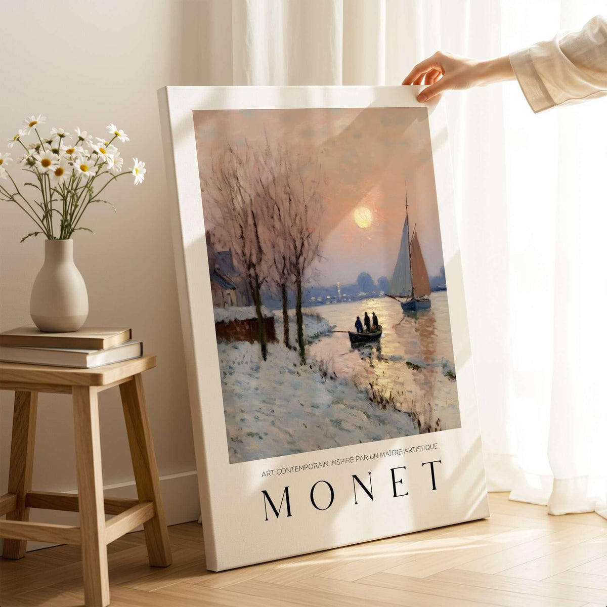 Claude Monet Poster - Winter River Sunset Wall Art - Snow Scene Print featuring a serene winter sunset scene.
