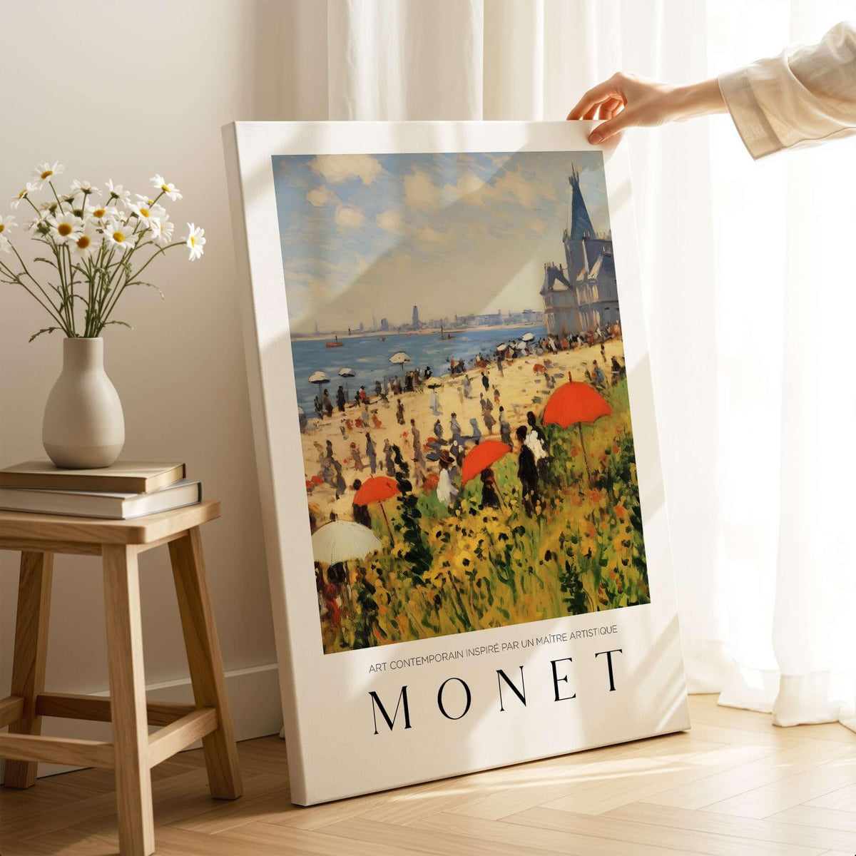 Claude Monet Art Print - Sunny Beach Resort with Flowers Poster featuring beach scene and colorful umbrellas.
