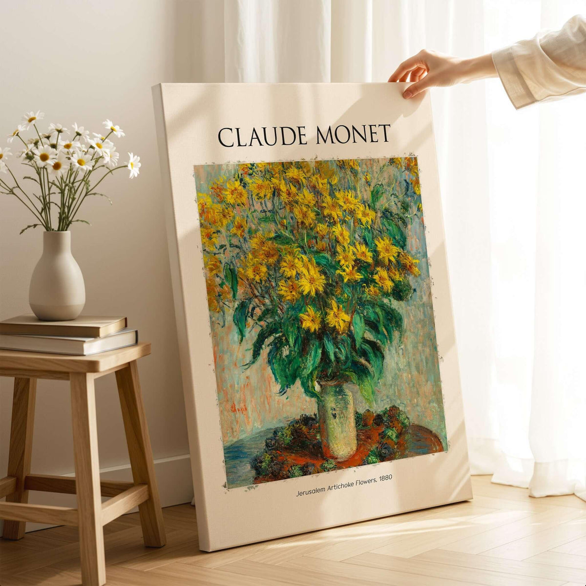 Monet Jerusalem Artichoke Flowers Still Life Floral Art Print Poster featuring vibrant yellow flowers in a vase.