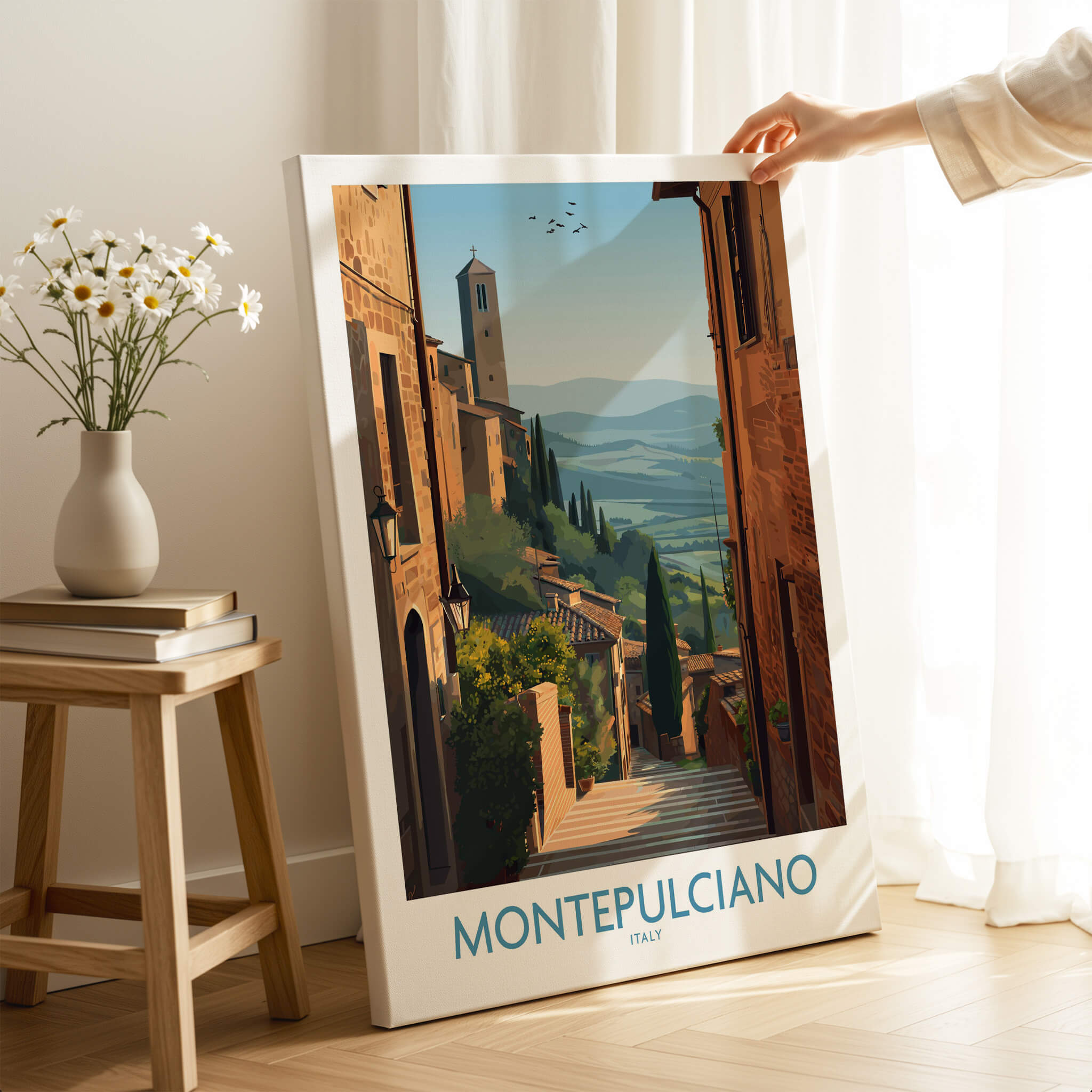 Montepulciano Italy Poster | Tuscany Landscape Vineyard Canvas Print of charming hillside and architecture