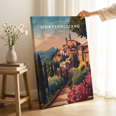 Montepulciano Italy Travel Poster | Tuscan Sunset Wall Art Print showcasing the picturesque hilltop town.