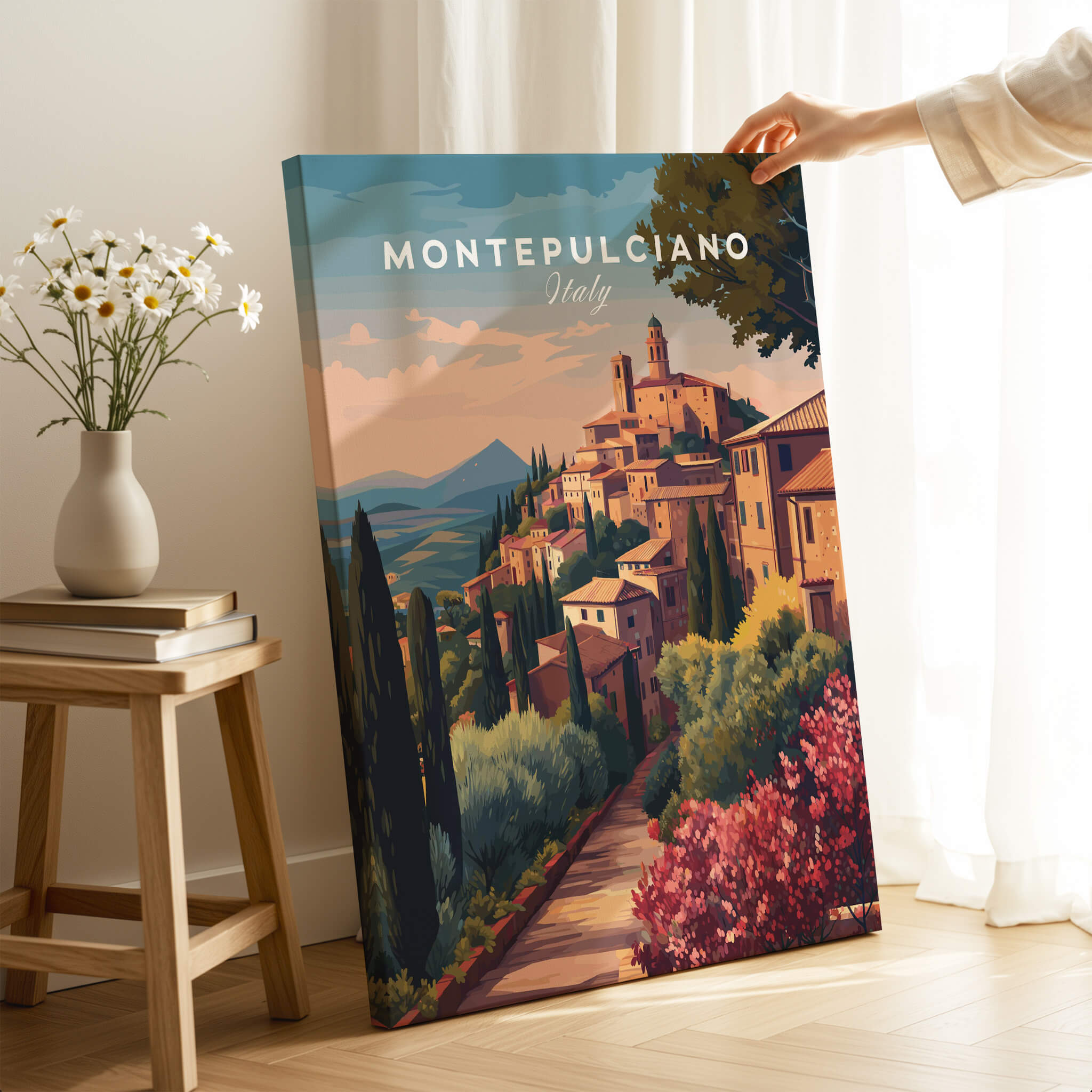 Montepulciano Italy Travel Poster | Tuscan Sunset Wall Art Print showcasing the picturesque hilltop town.