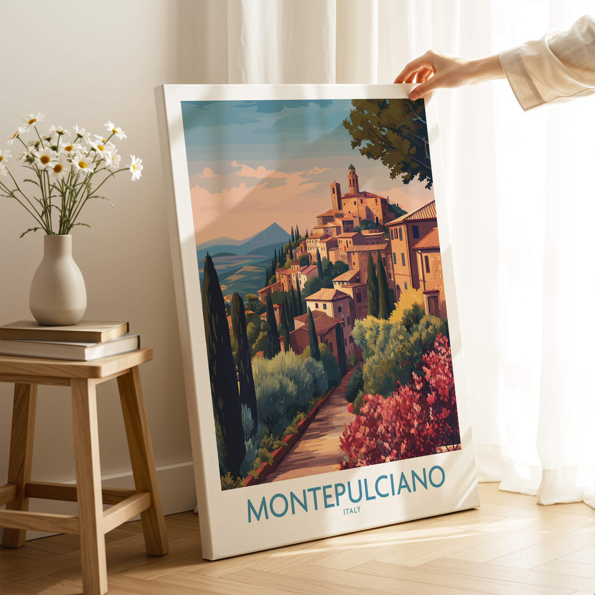 Montepulciano Italy Canvas Print | Italian Sunset Landscape Poster showcasing a beautiful hilltop view.