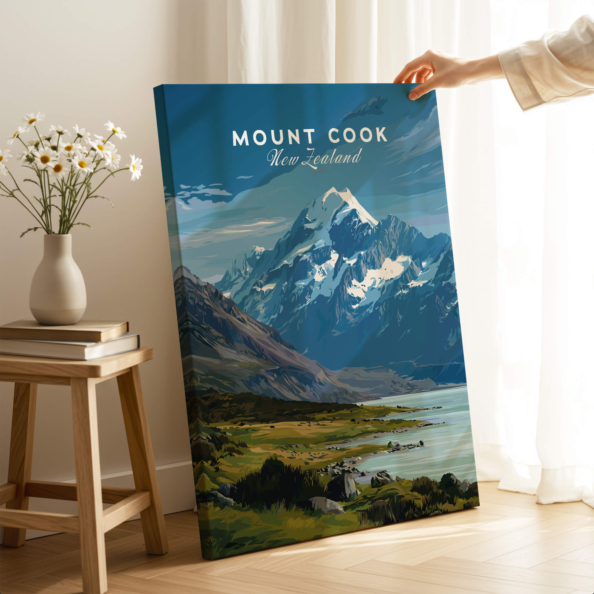 Mount Cook New Zealand Wall Art Print | Aoraki National Park Travel Poster displayed in a cozy room setting.