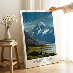 Mount Cook New Zealand Poster | Southern Alps Mountain Canvas Print displayed in a cozy interior with flowers.