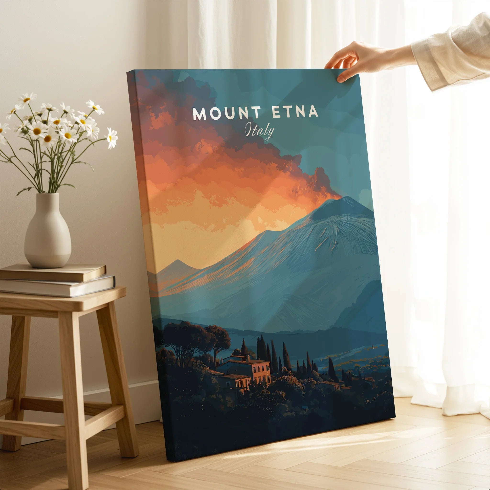 Mount Etna Italy travel poster canvas print with hand holding it in modern room