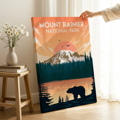 Mount Rainier National Park canvas print with sunset, bear silhouette, pine trees, and mountain.
