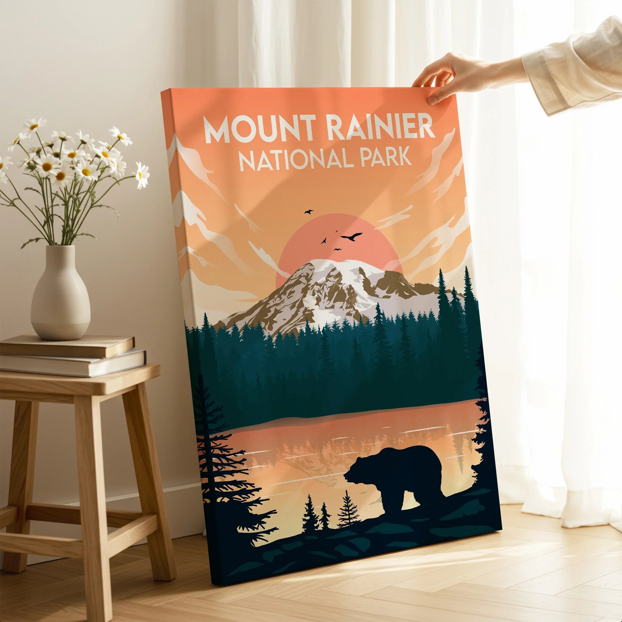 Mount Rainier National Park canvas print with sunset, bear silhouette, pine trees, and mountain.
