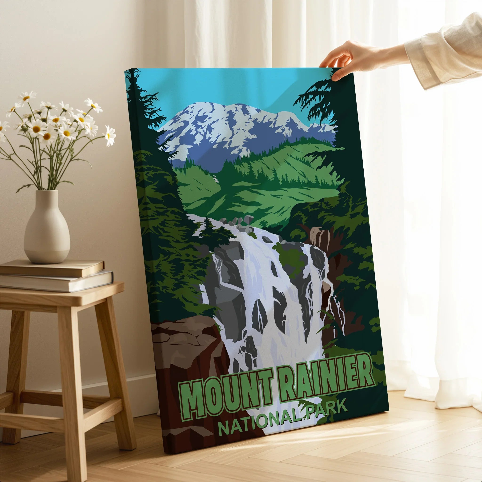 Mount Rainier National Park waterfall canvas print in a modern home setting