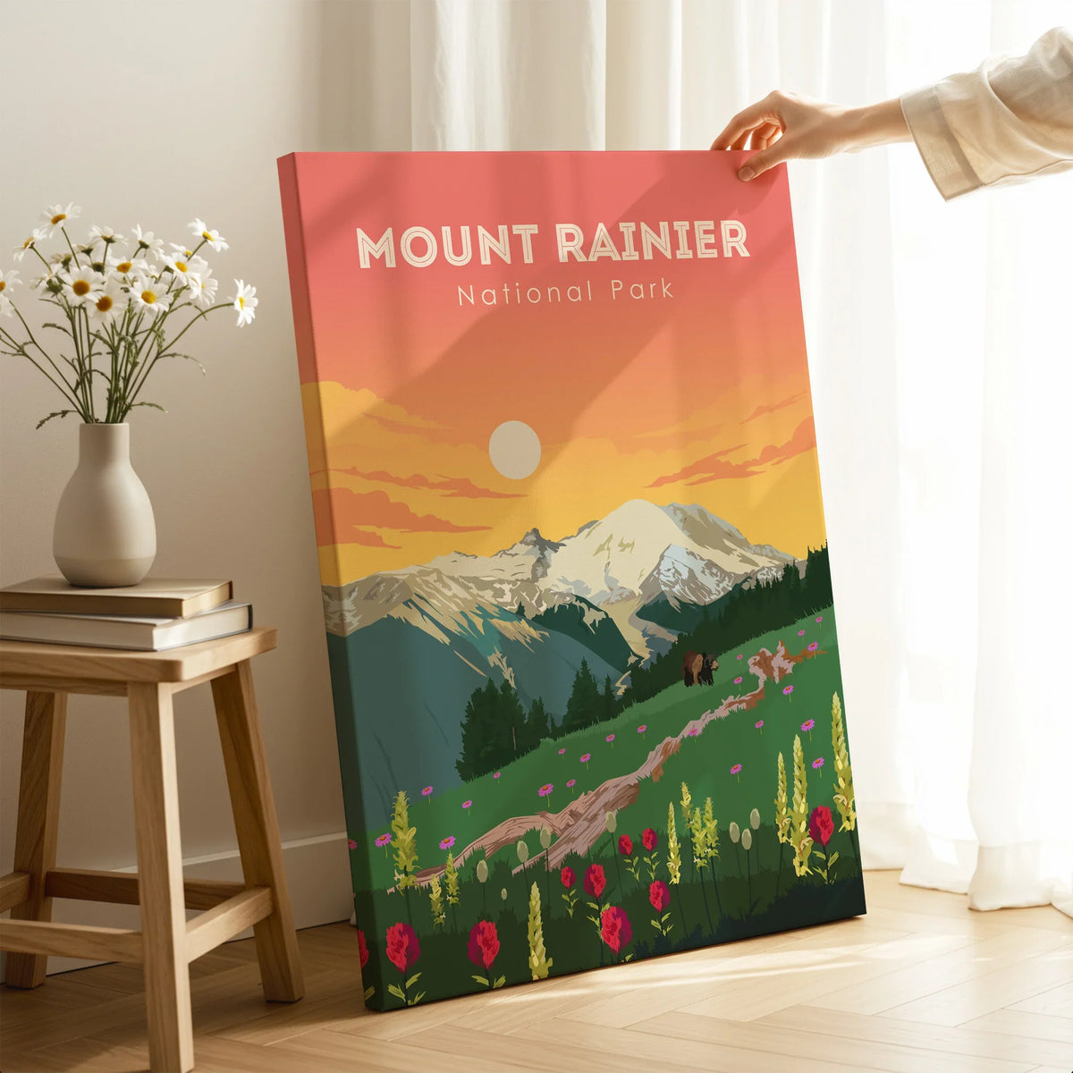 Mount Rainier National Park travel poster canvas print with sunset mountain scene and wildflowers
